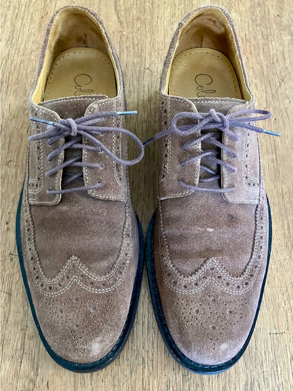 Cole Haan Suede Wingtip Oxford Shoes in Androgynous Gender Neutral Taupe